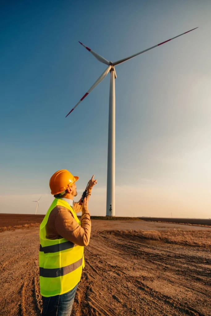 A person wearing a yellow safety vest and hard hat stands on a dirt road, pointing up at a large wind turbine under a clear blue sky.
