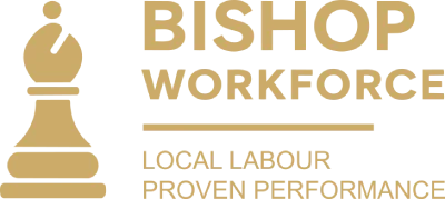Logo with a gold chess bishop piece on the left and the text "BISHOP WORKFORCE" above "LOCAL LABOUR PROVEN PERFORMANCE" on the right, all in uppercase gold letters.