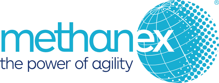 Methanex logo with "methanex" in lowercase letters over a large blue circle, and the slogan "the power of agility" written underneath.