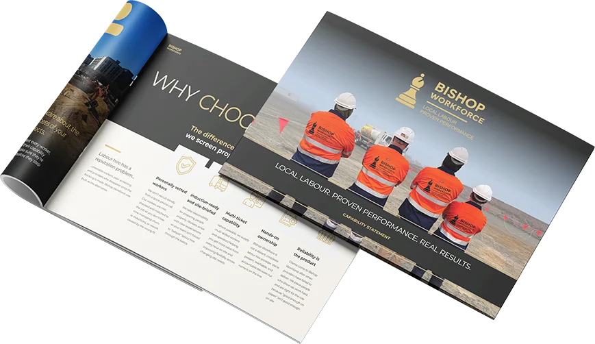 Two open booklets display the Bishop Workforce company branding; one shows four workers in orange vests and helmets on a worksite, while the other lists company information and benefits in a clean layout.